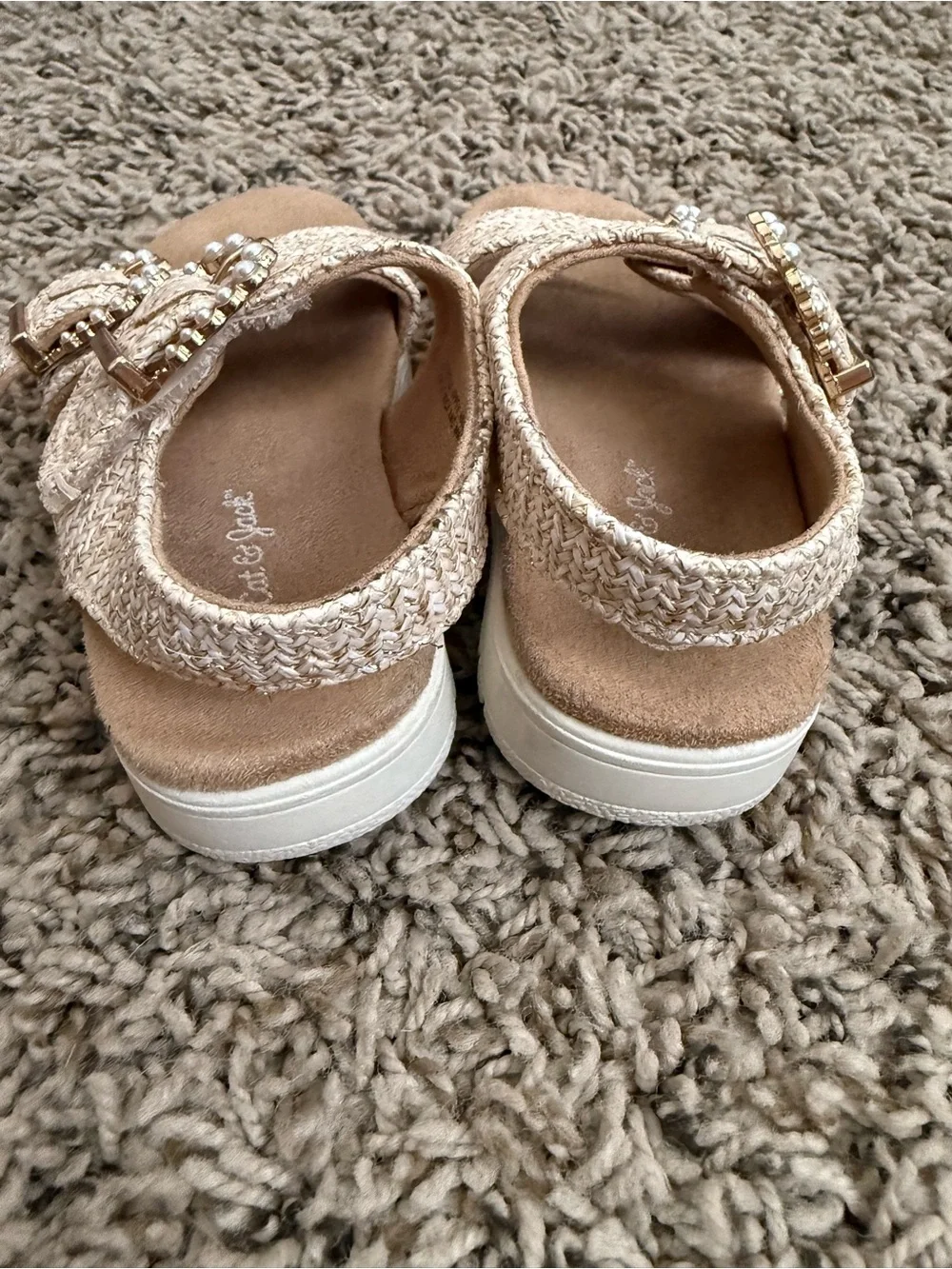 Cat & Jack Beige Woven Sandals with Pearl Buckles